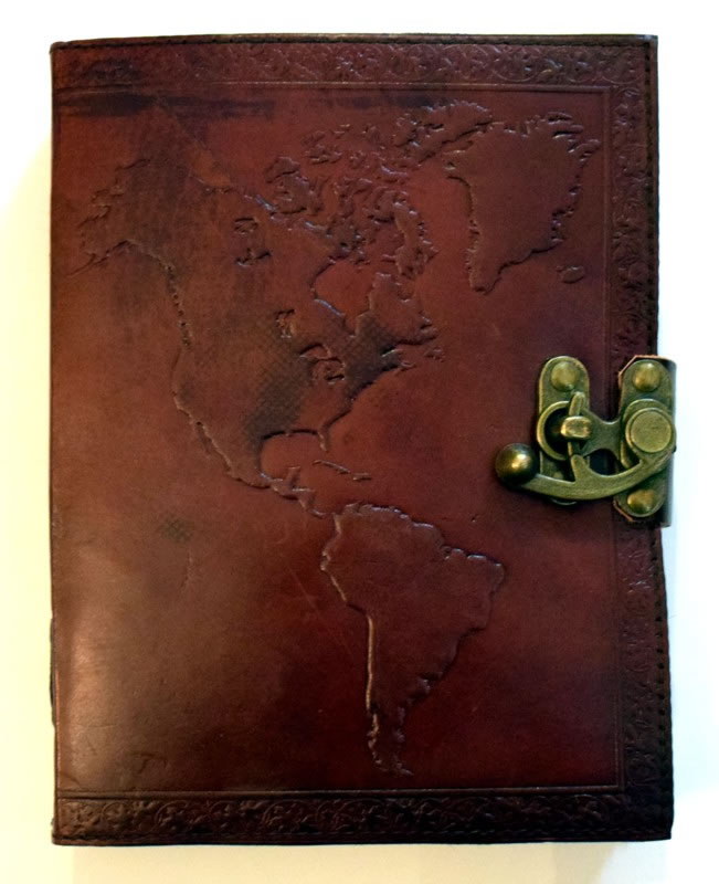 Map of the World LEATHER Journal with lock 6 x 8